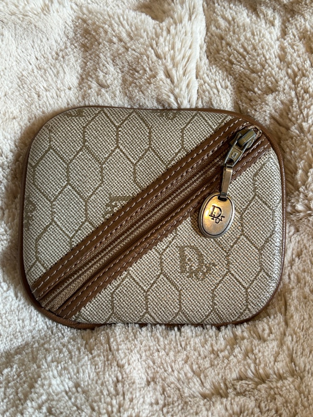 Dior Beige Honeycomb Monogram Coin Pouch with Leather Trim- Gorgeous!